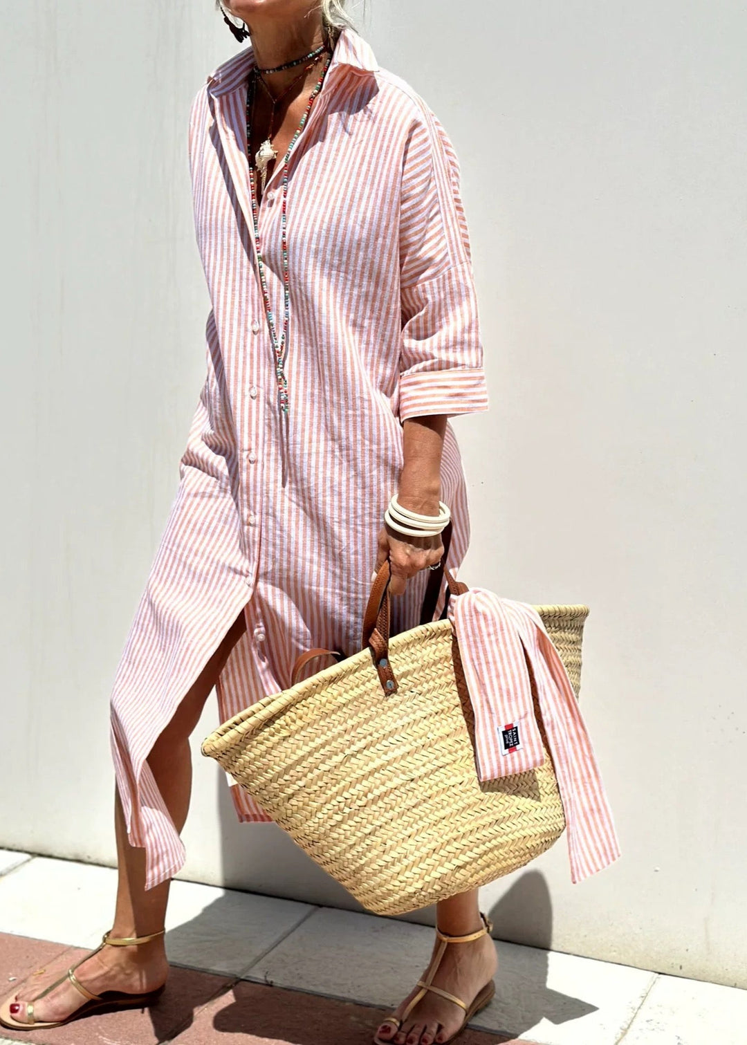 Summer Red Striped Long Shirt Dress Half Sleeve