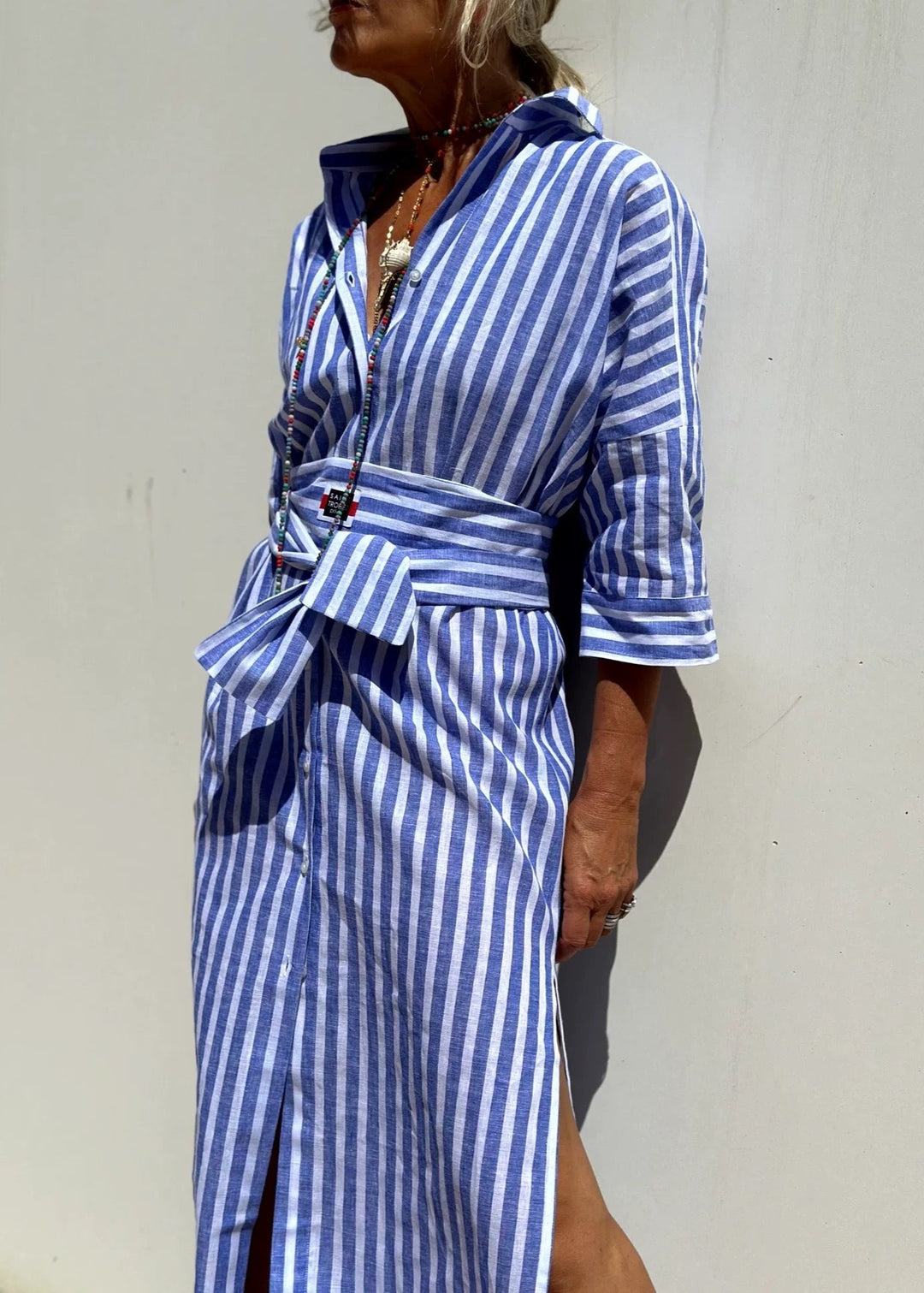 Summer Red Striped Long Shirt Dress Half Sleeve