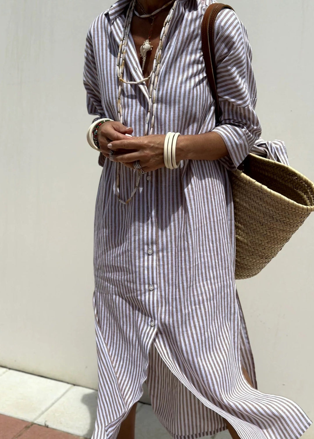 Summer Red Striped Long Shirt Dress Half Sleeve
