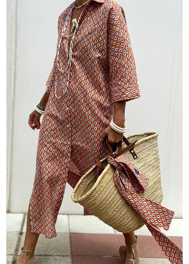 Summer Red Striped Long Shirt Dress Half Sleeve