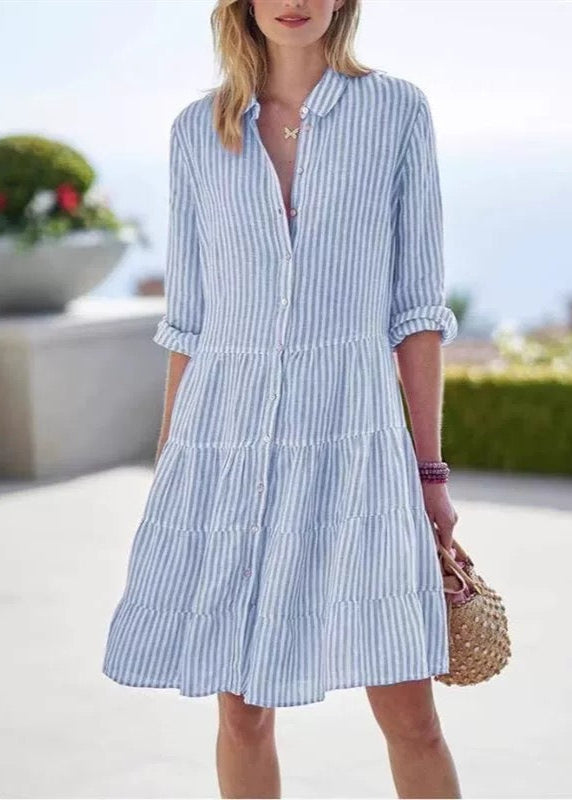 Casual Women Blue Striped Midi Shirt Dress Long Sleeve