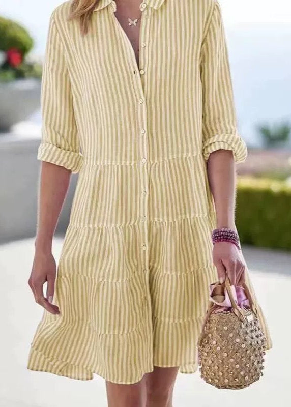 Casual Women Blue Striped Midi Shirt Dress Long Sleeve