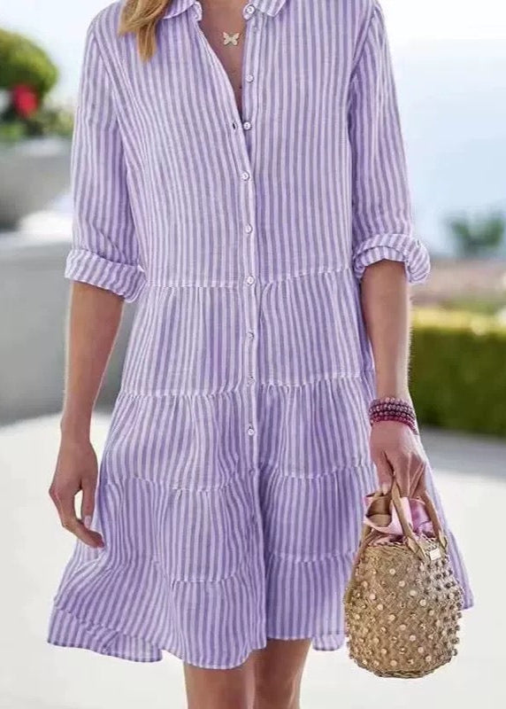 Casual Women Blue Striped Midi Shirt Dress Long Sleeve