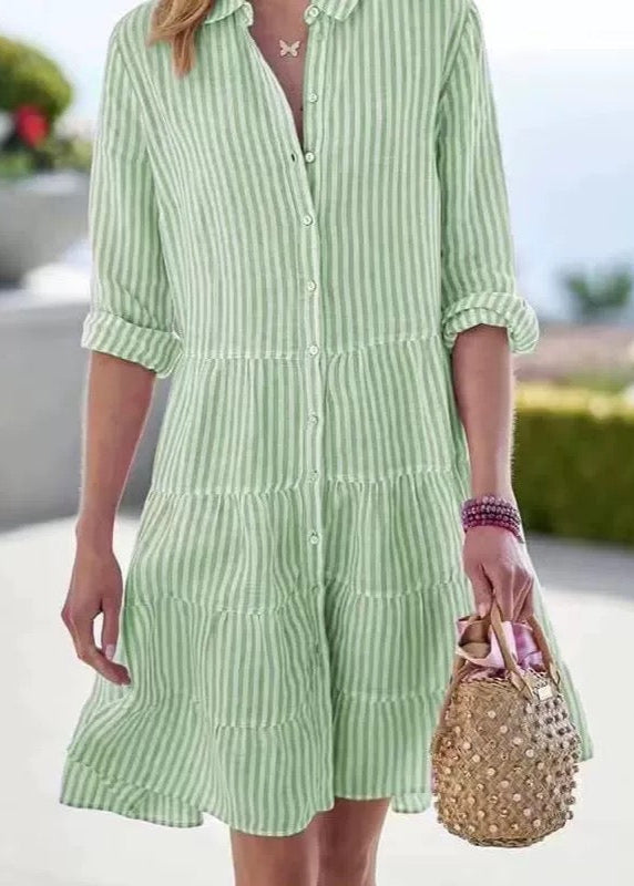 Casual Women Blue Striped Midi Shirt Dress Long Sleeve