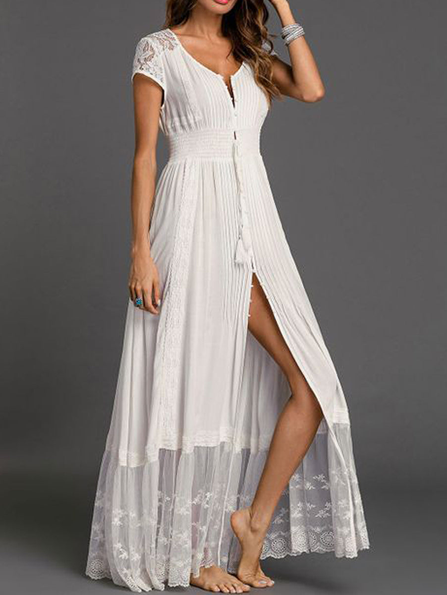 Plisse Pleated Fringe Long Dress