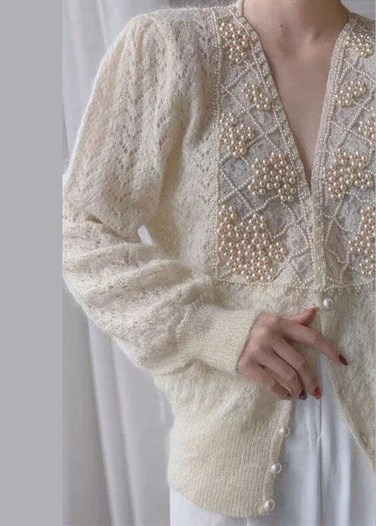 Loose Beige V Neck Pearl button thick Knit coat Long Sleeve