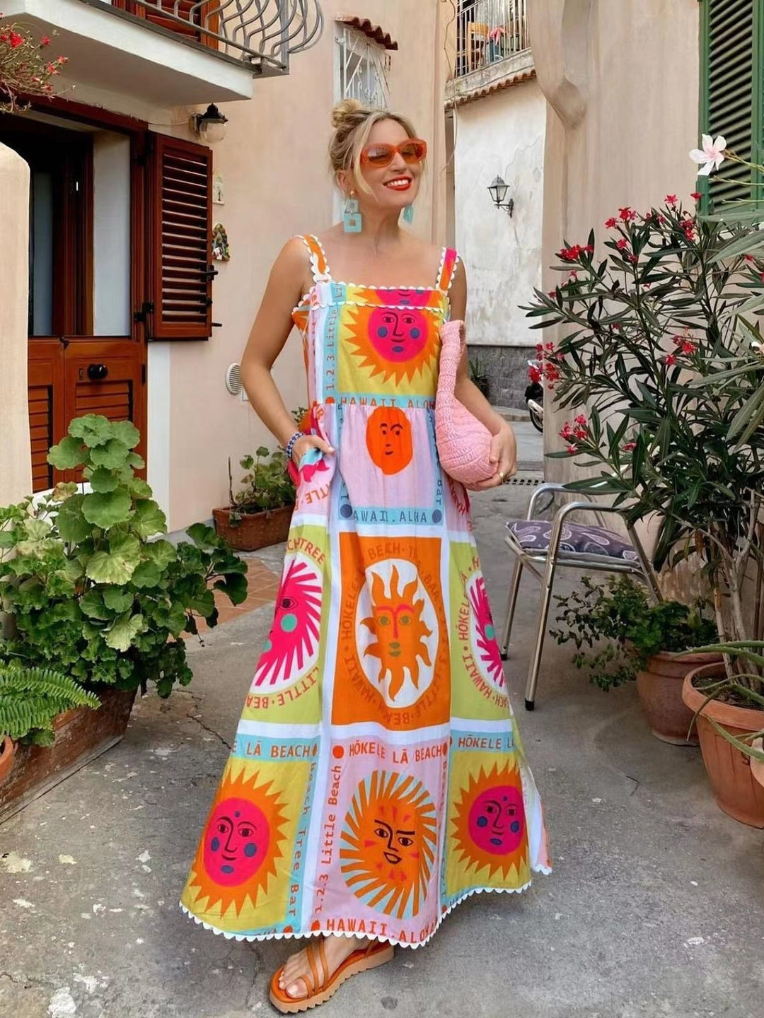 Smiley Lace Strap Print Large Slit Dress