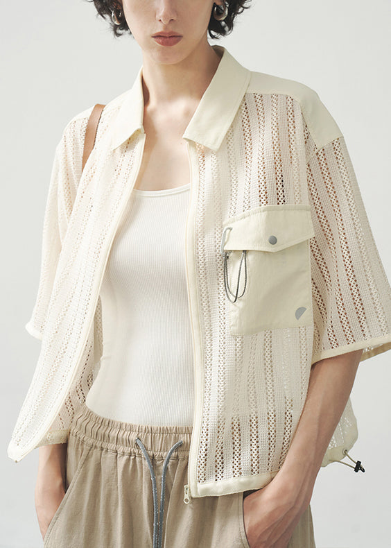 2025 Casual Beige Zippered Hollow Out Coat Short Sleeved