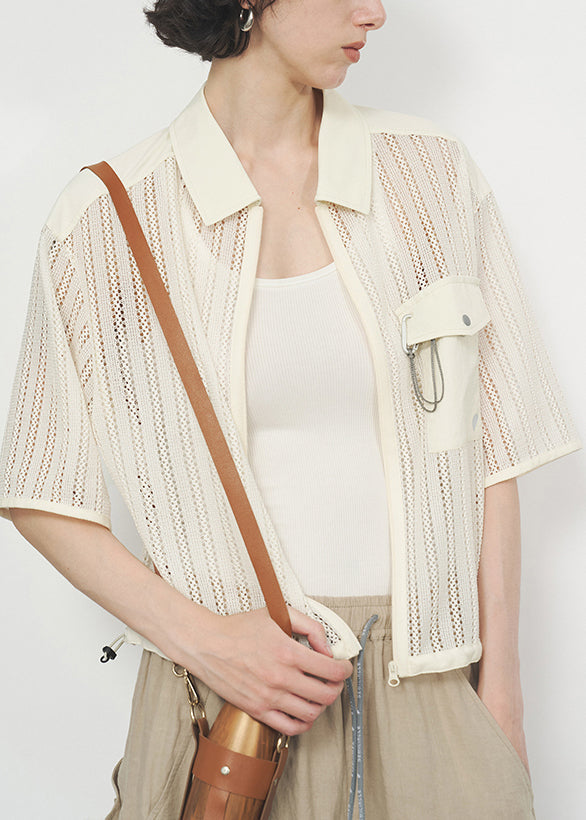 2025 Casual Beige Zippered Hollow Out Coat Short Sleeved