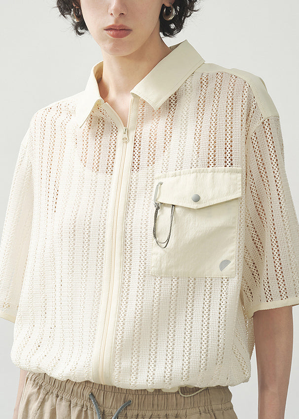 2025 Casual Beige Zippered Hollow Out Coat Short Sleeved