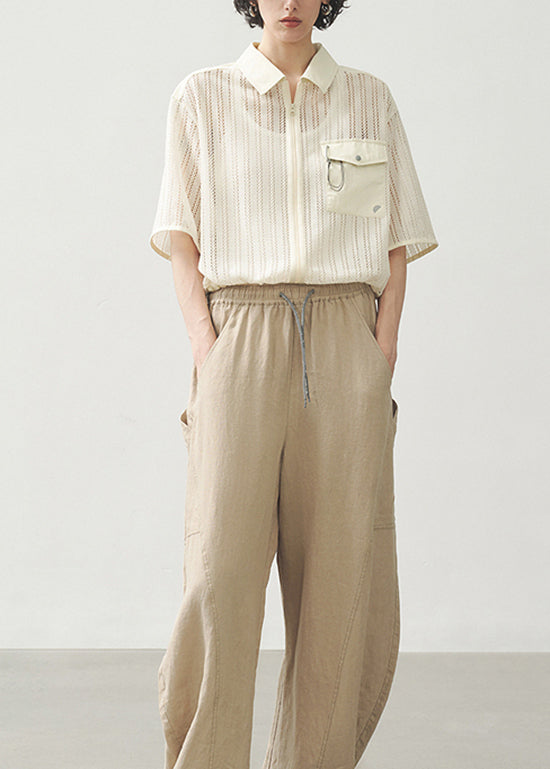 2025 Casual Beige Zippered Hollow Out Coat Short Sleeved