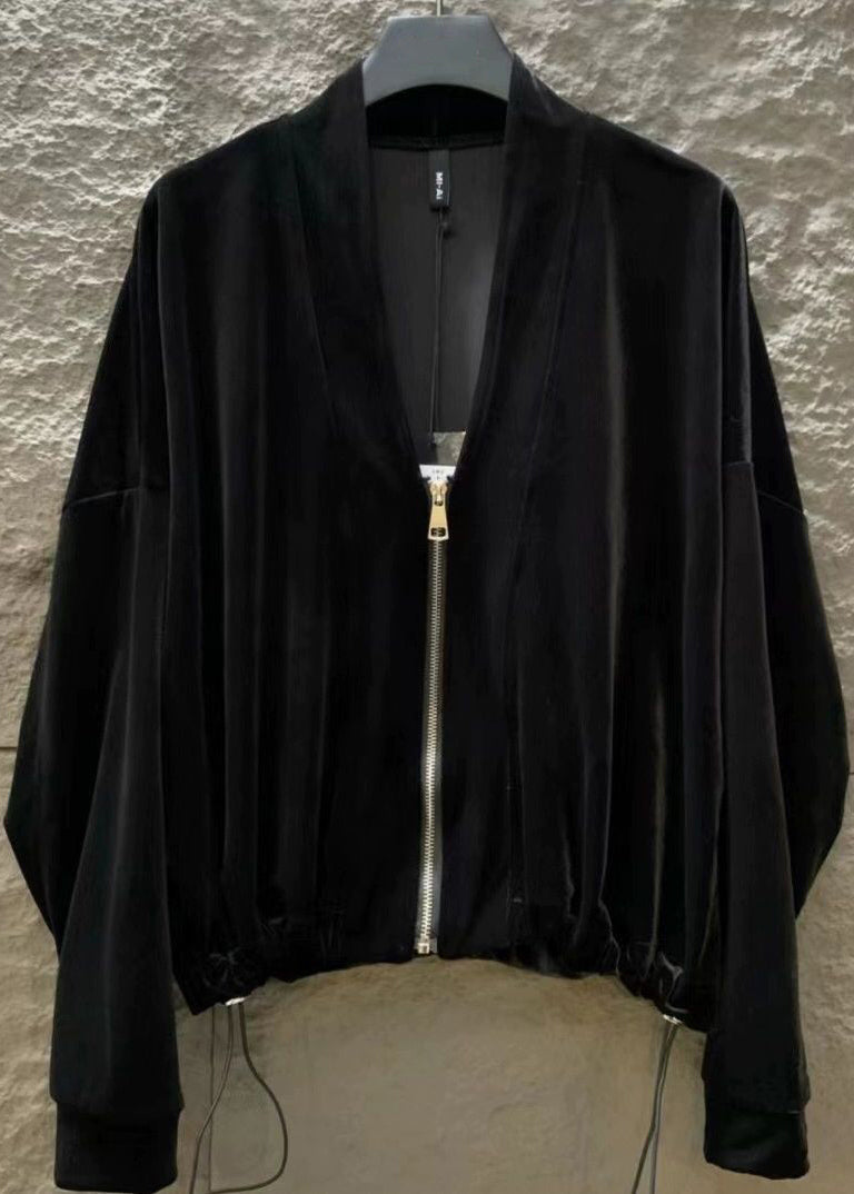 2025 New Black V Neck Zippered Silk Velvet Coat Batwing Sleeve