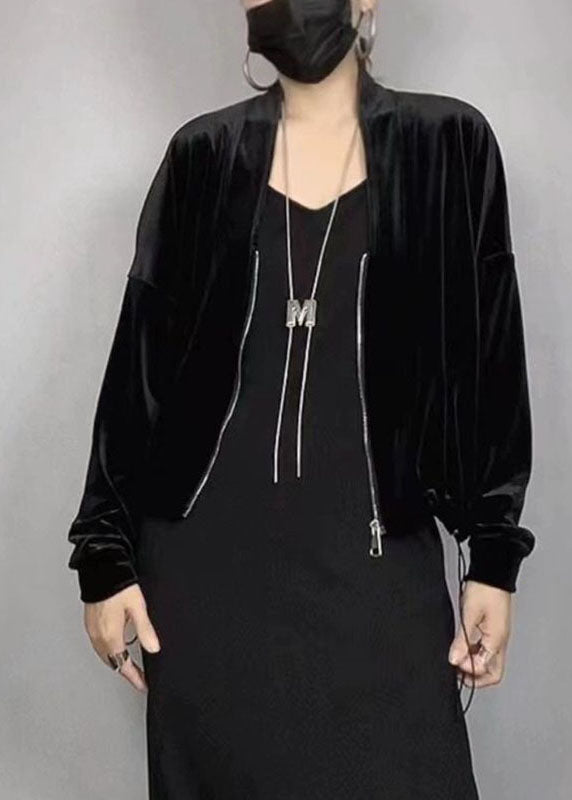 2025 New Black V Neck Zippered Silk Velvet Coat Batwing Sleeve