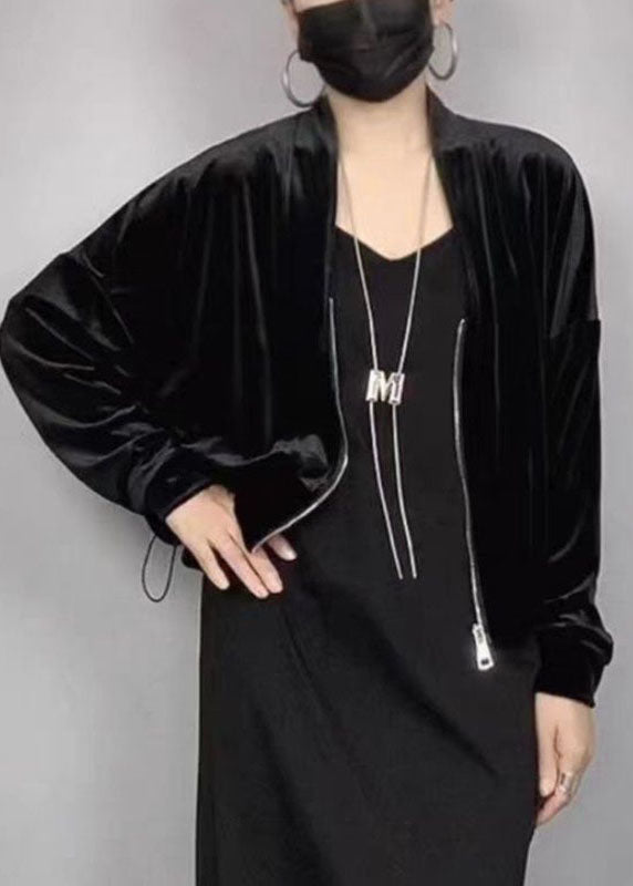 2025 New Black V Neck Zippered Silk Velvet Coat Batwing Sleeve