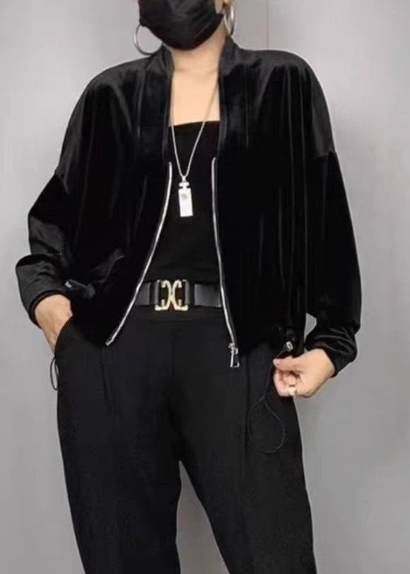 2025 New Black V Neck Zippered Silk Velvet Coat Batwing Sleeve