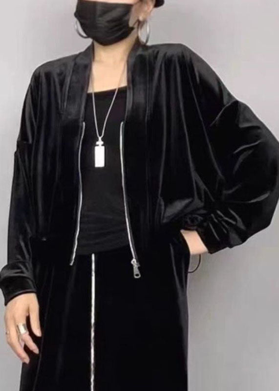 2025 New Black V Neck Zippered Silk Velvet Coat Batwing Sleeve