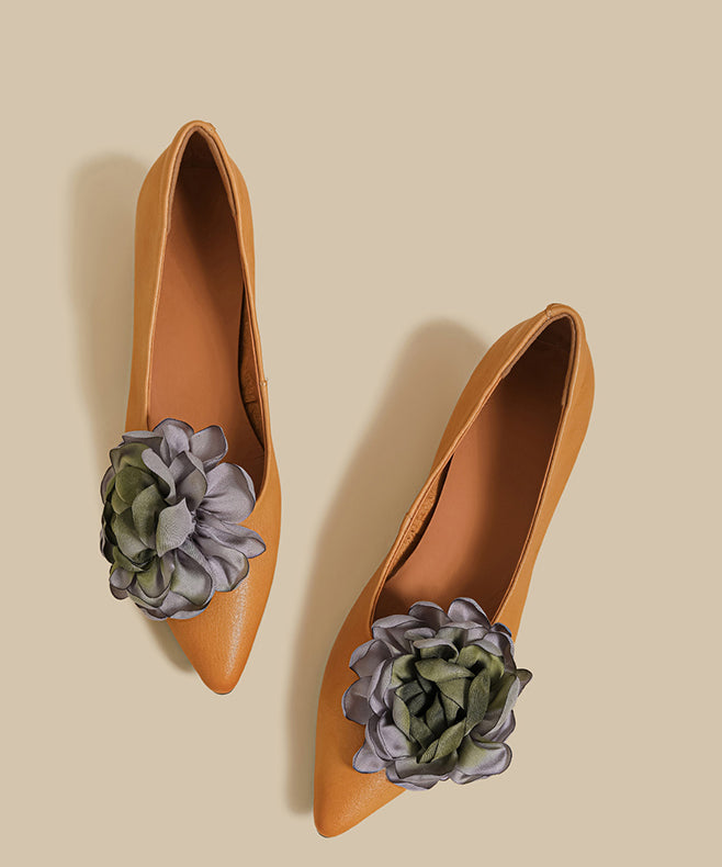 2025 New Brown Flower Cowhide Leather Chunky Heel Shoes