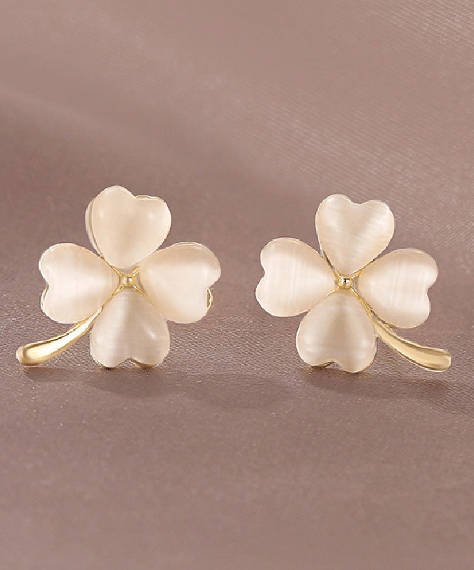 2025 New Gold Copper Alloy Clover Cat's Eye Stone Stud Earrings