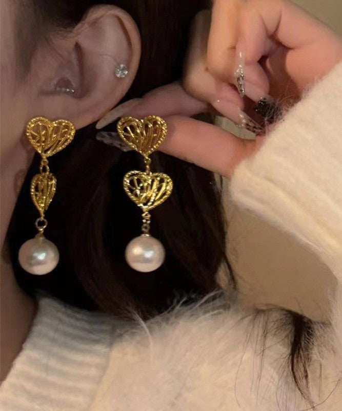 2025 New Gold Copper Alloy Hollow Out Love Pearl Drop Earrings