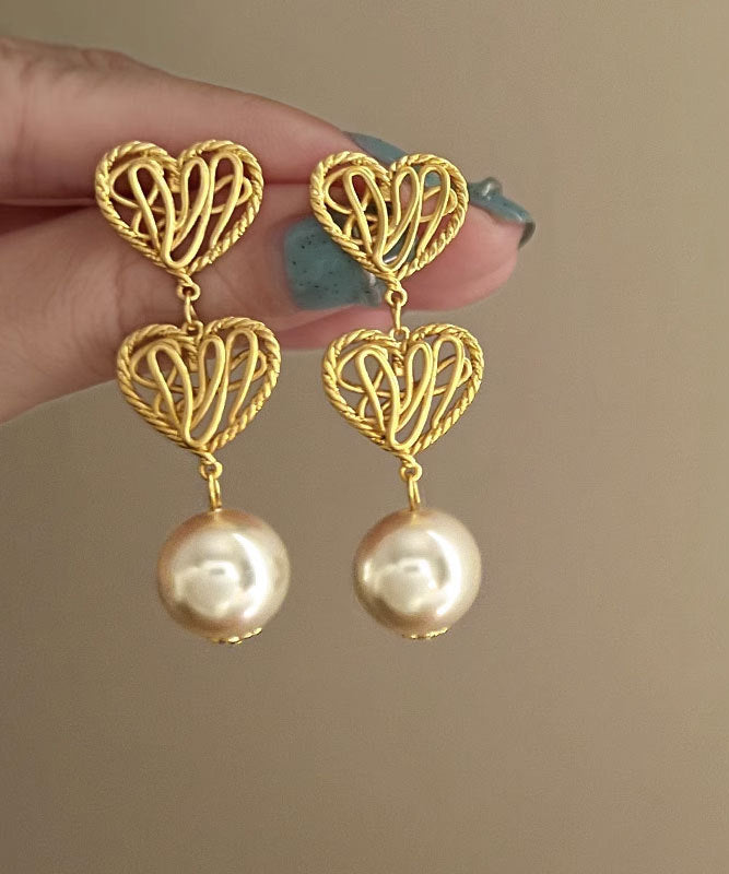 2025 New Gold Copper Alloy Hollow Out Love Pearl Drop Earrings