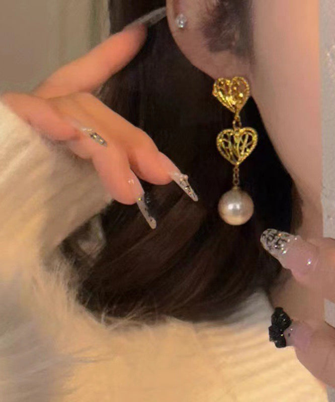 2025 New Gold Copper Alloy Hollow Out Love Pearl Drop Earrings