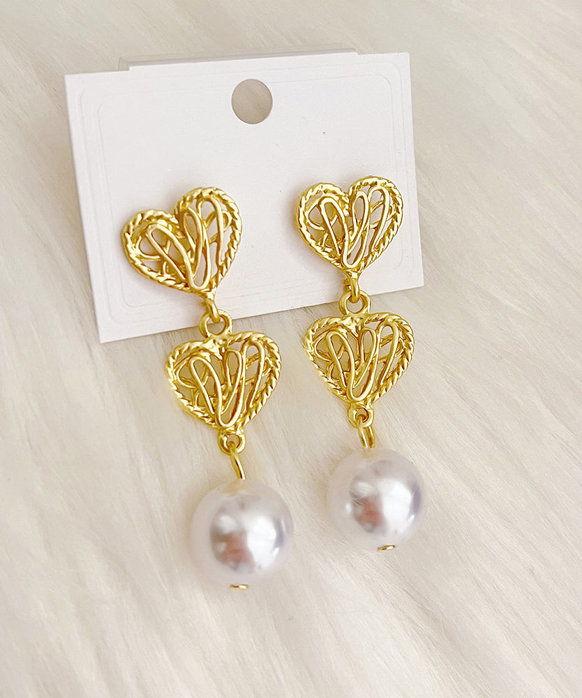 2025 New Gold Copper Alloy Hollow Out Love Pearl Drop Earrings