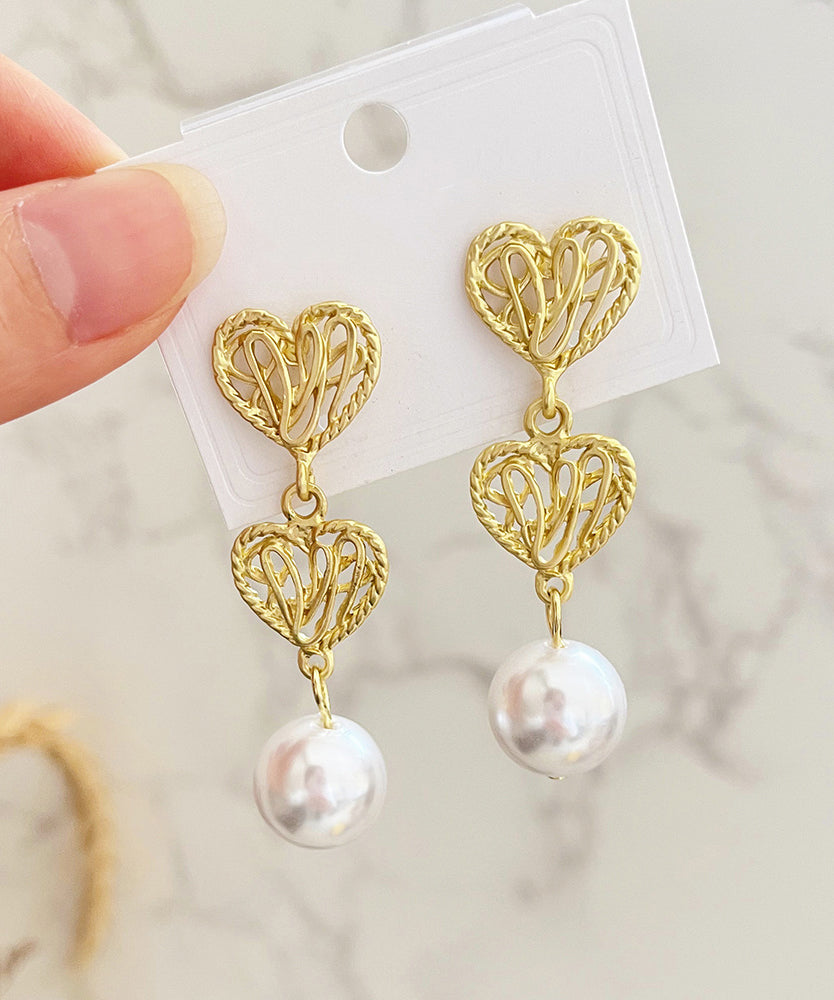 2025 New Gold Copper Alloy Hollow Out Love Pearl Drop Earrings