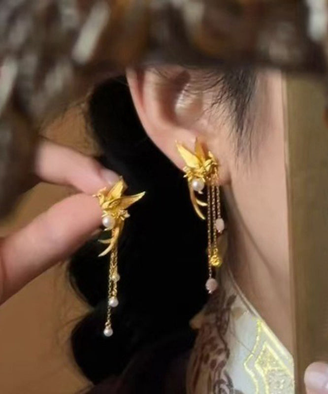 2025 New Gold Sterling Silver Overgild Pearl Goose Tassel Drop Earrings