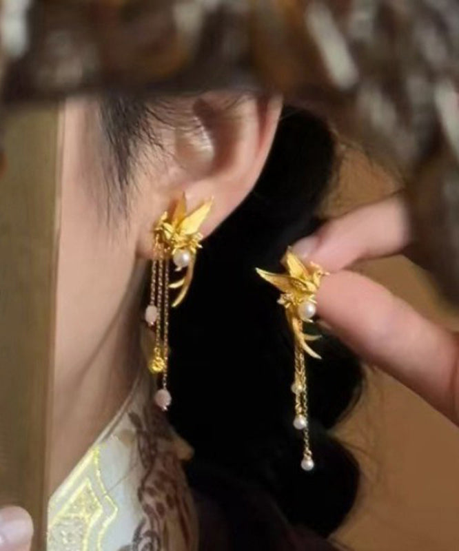 2025 New Gold Sterling Silver Overgild Pearl Goose Tassel Drop Earrings