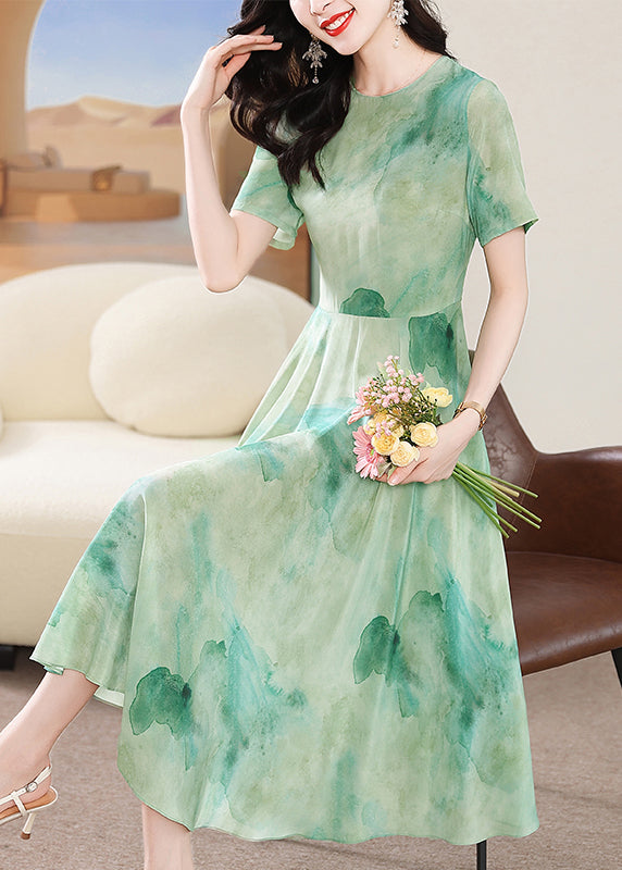 2025 New Green O Neck Print Silk Dress Summer