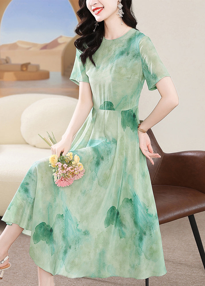 2025 New Green O Neck Print Silk Dress Summer
