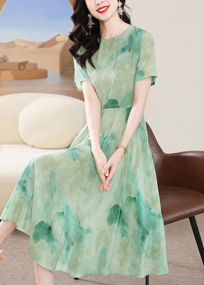 2025 New Green O Neck Print Silk Dress Summer