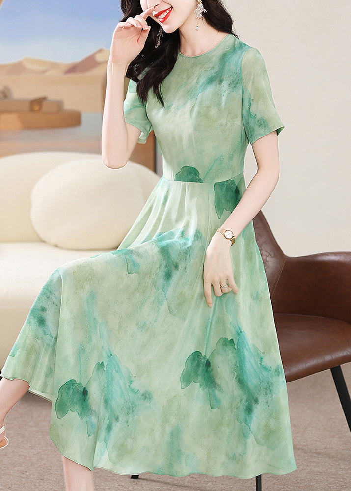2025 New Green O Neck Print Silk Dress Summer