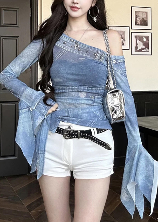 2025 New Off Shoulder Tulle Irregular Printed T-Shirt Flare Sleeve