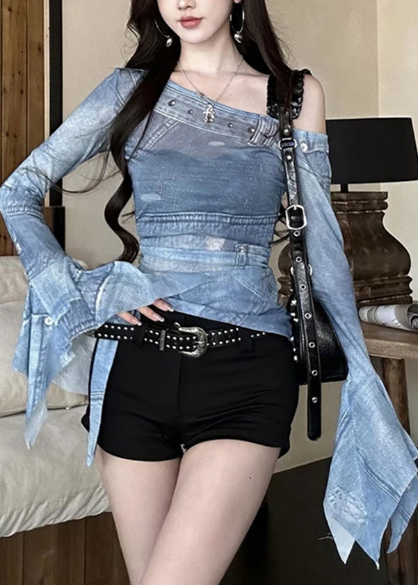 2025 New Off Shoulder Tulle Irregular Printed T-Shirt Flare Sleeve