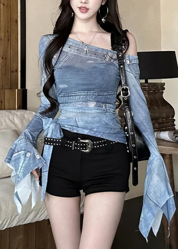 2025 New Off Shoulder Tulle Irregular Printed T-Shirt Flare Sleeve