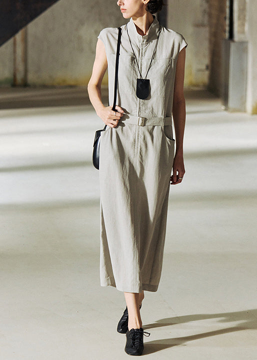 2025 New Stand Collar Pockets Cotton Long Dresses Summer