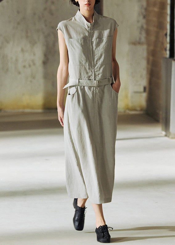 2025 New Stand Collar Pockets Cotton Long Dresses Summer