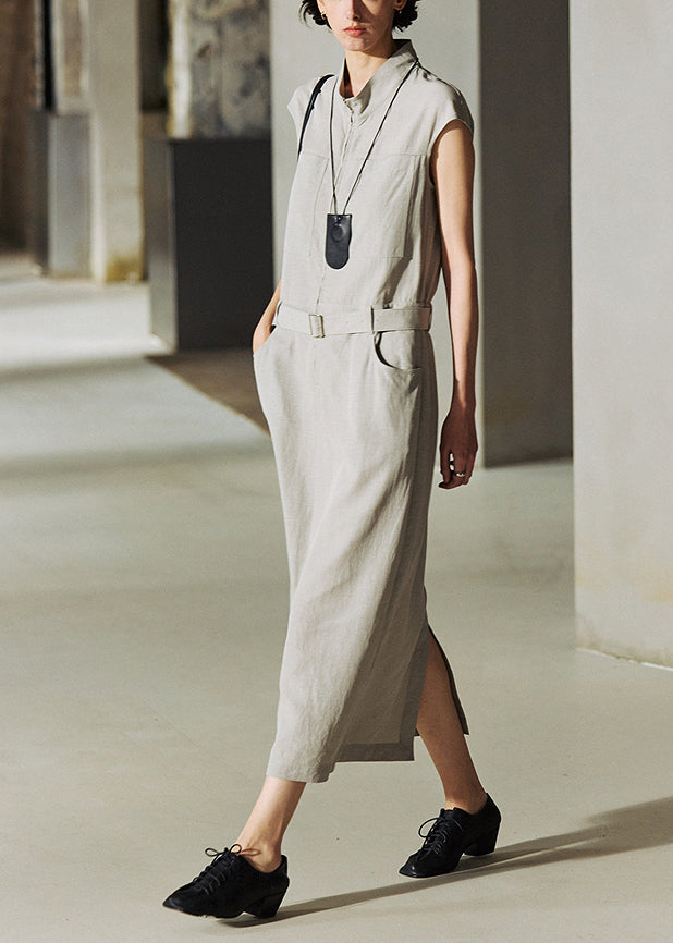 2025 New Stand Collar Pockets Cotton Long Dresses Summer