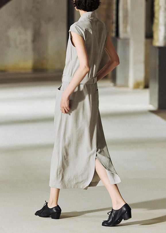 2025 New Stand Collar Pockets Cotton Long Dresses Summer