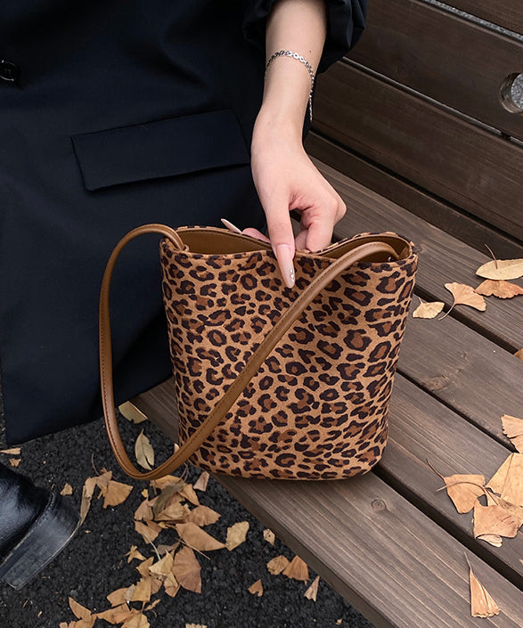 2025 New Suede Brown Leopard Print Bucket Bag