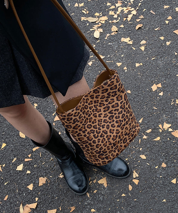 2025 New Suede Brown Leopard Print Bucket Bag
