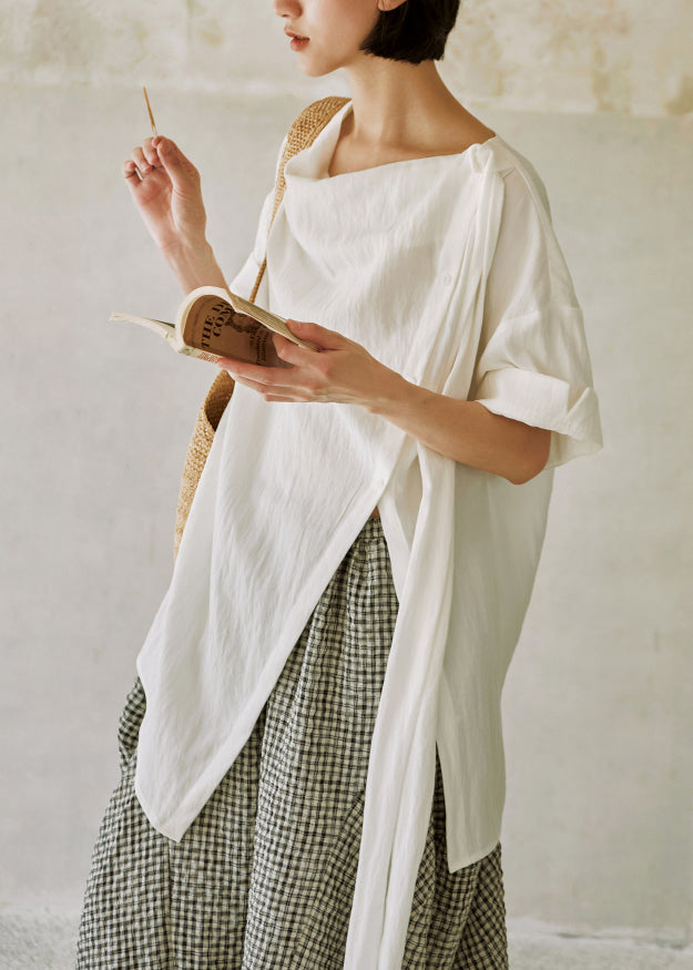 2025 New White Asymmetrical Design Cotton Shirts Summer