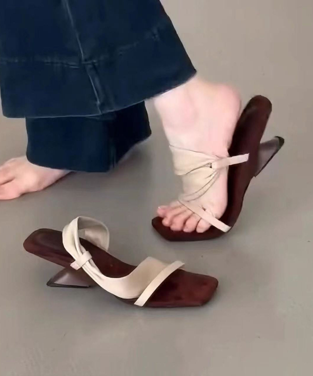 2025 Splicing Apricot Pink Faux Leather Peep Toe Slide Sandals