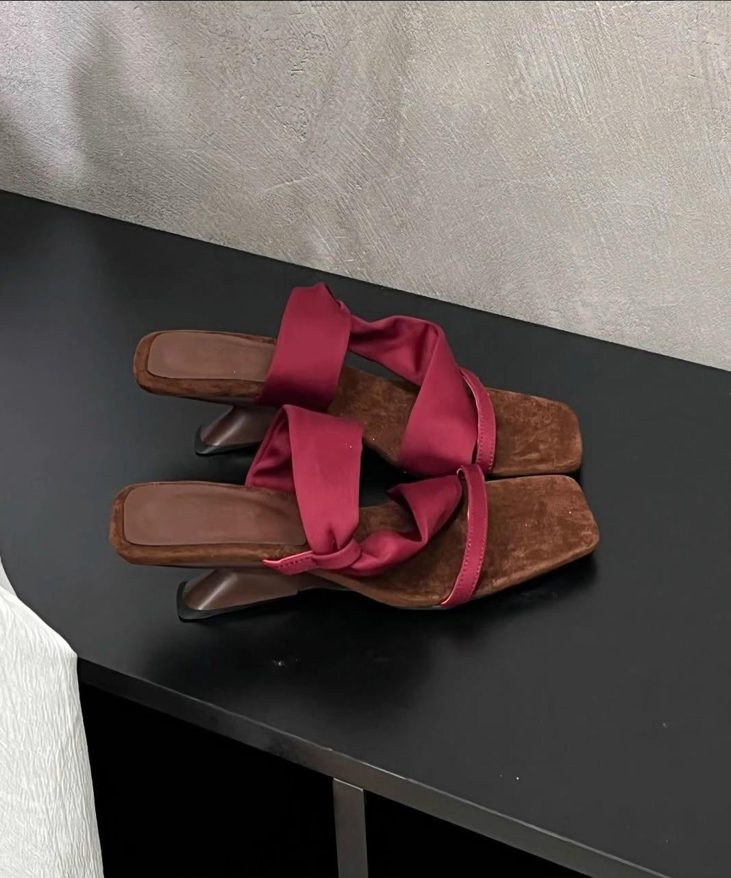 2025 Splicing Apricot Pink Faux Leather Peep Toe Slide Sandals