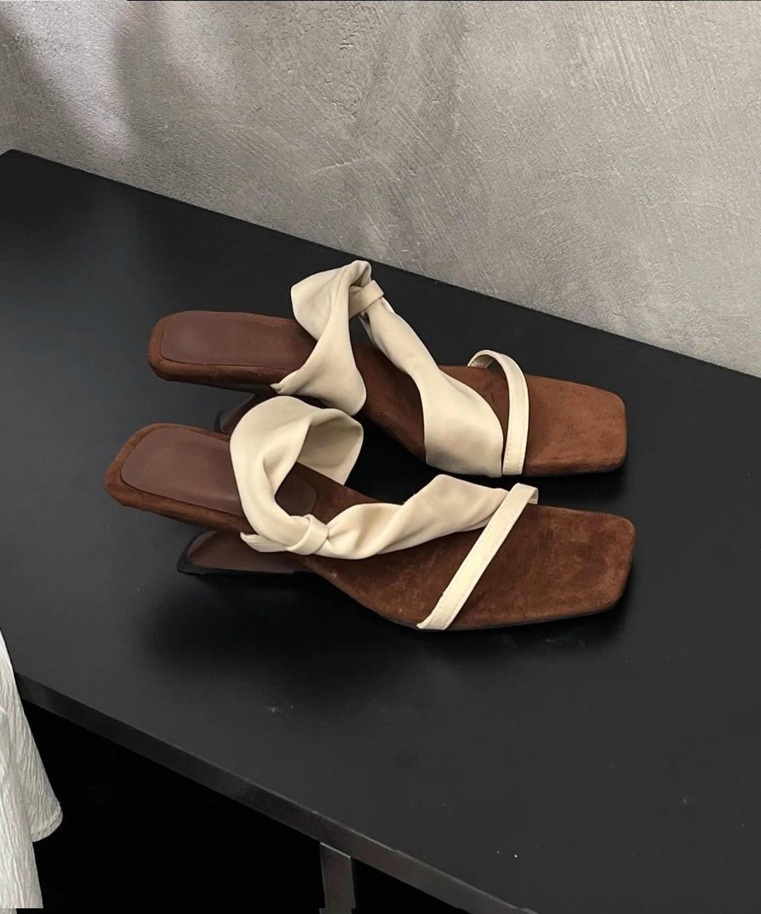 2025 Splicing Apricot Pink Faux Leather Peep Toe Slide Sandals