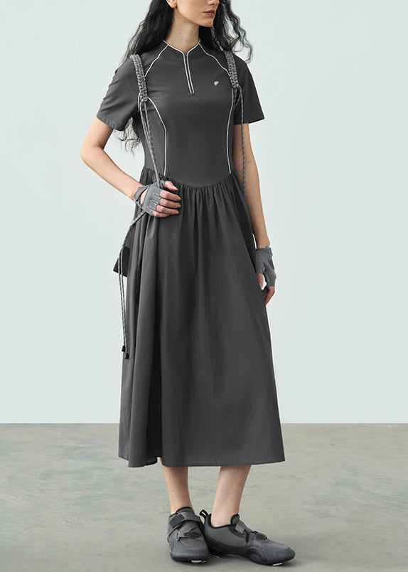 2025 Summer Dark Grey Stand Collar Wrinkled Splicing Dress