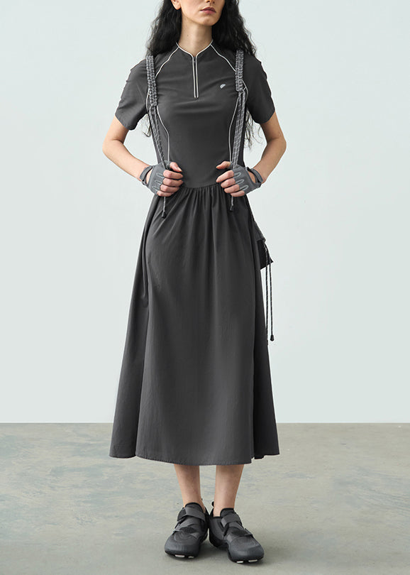 2025 Summer Dark Grey Stand Collar Wrinkled Splicing Dress