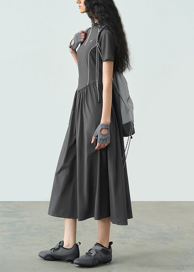 2025 Summer Dark Grey Stand Collar Wrinkled Splicing Dress