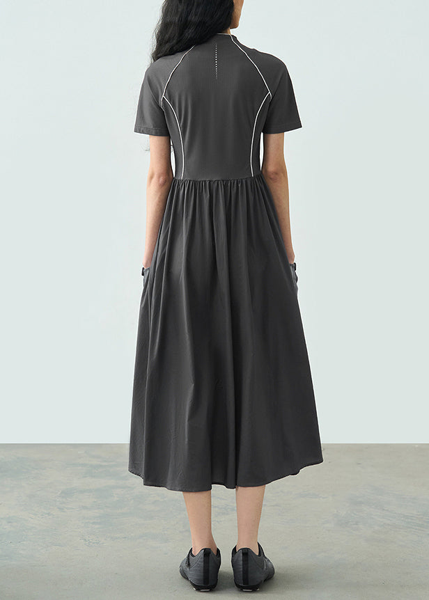 2025 Summer Dark Grey Stand Collar Wrinkled Splicing Dress